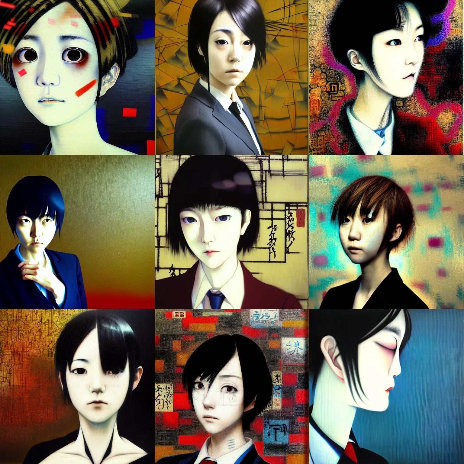 Image similar to yoshitaka amano blurred and dreamy realistic three quarter angle portrait of a young woman with short hair and black eyes wearing office suit with tie, junji ito abstract patterns in the background, satoshi kon anime, noisy film grain effect, highly detailed, renaissance oil painting, weird portrait angle, blurred lost edges