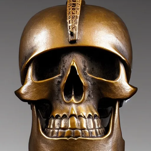Image similar to skull with a ancient japanese samurai helmet, old bronze statue, intricate detail, full shot, museum lighting, ultra detailed,