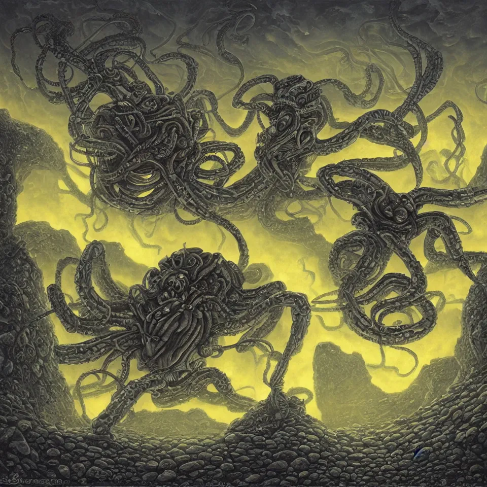 Prompt: alien spider with kraken head, in an alien landscape surrounded by Stonehenge with glowing writing emanating from the stones, contrasting colors, Dan Seagrave,