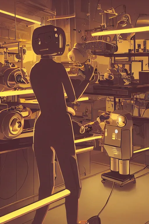 Prompt: closeup of pretty girl working in a small robot repair shop, broken android laying on the ground, chrome reflections, surreal illustration by moebius , Ilya Kuvshinov, dynamic lighting, glowing lights, neons, science fiction