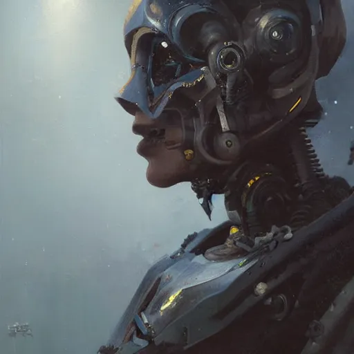 Prompt: extremely detailed oil painting portrait of a robotic witch knight scavenger, art by Greg Rutkowski and WLOP