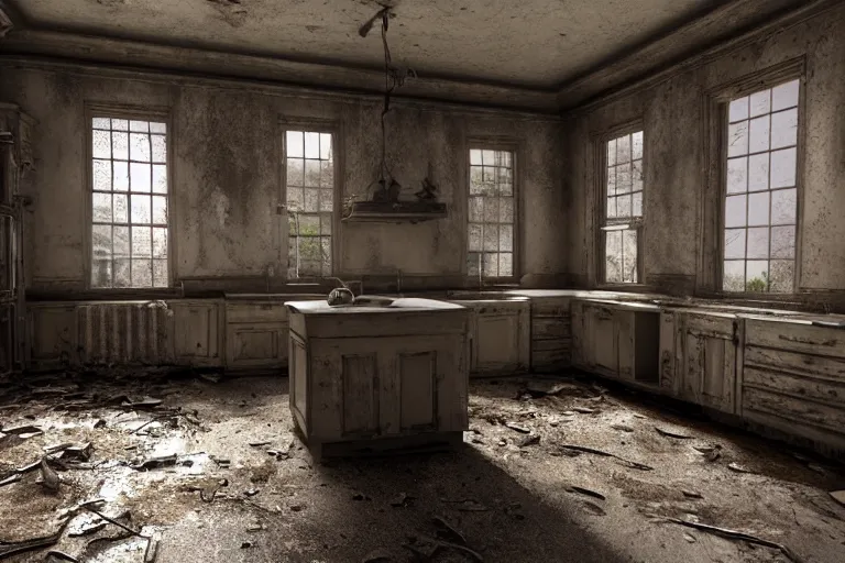 Image similar to ruined, abandoned american midwestern mansion kitchen, seen from inside. Diffused light falls through the broken windows. Dirt, leaves on ground. Unreal Engine. Substance painter. Zbrush. Trending on artstation. 8K. Highly detailed.