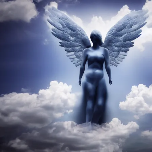 Image similar to a beautiful technological angel in the clouds