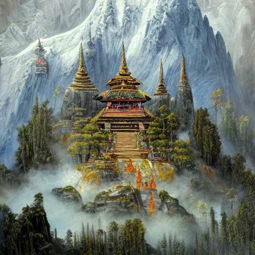 Image similar to a beautiful and highly detailed oil painting of an nepali temple in the snowy mountains, detailed trees and cliffs, forgotten valley, swirling mist, lush forests, intricate details, epic scale, insanely complex, 8 k, sharp focus, hyper realism, fantasy landscape, psychedelic, by caspar friedrich,