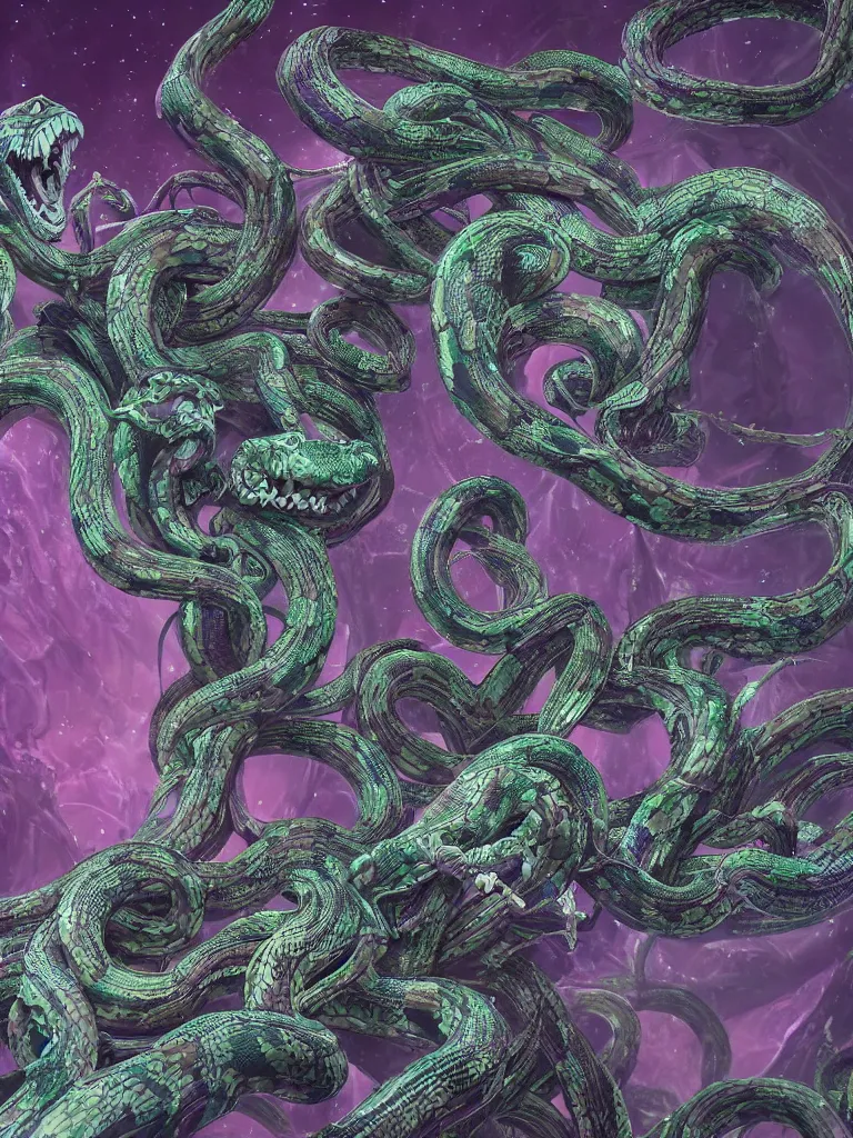 Image similar to beautiful medusa gorgon highly detailed snakes, cosmic horror, abstract, ghostly, arcade, duotone, poltergeist, epic lighting, intricate, elegant, highly detailed, smooth, sharp focus, photo real, ultra realistic, unreal engine 5, raytracing, in the style of beeple and mike winkelmann, ultraviolet colors,