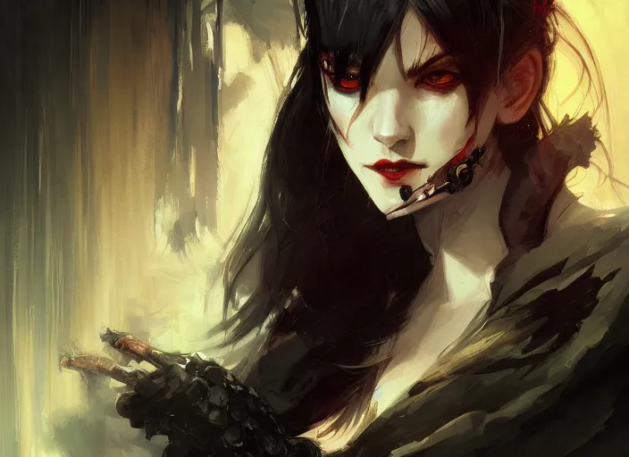 Prompt: portrait of a vampire rogue, intricate, headshot, key visual, conceptart, ambient lighting, highly detailed, digital painting, artstation, concept art, sharp focus, by makoto shinkai and akihiko yoshida and greg manchess