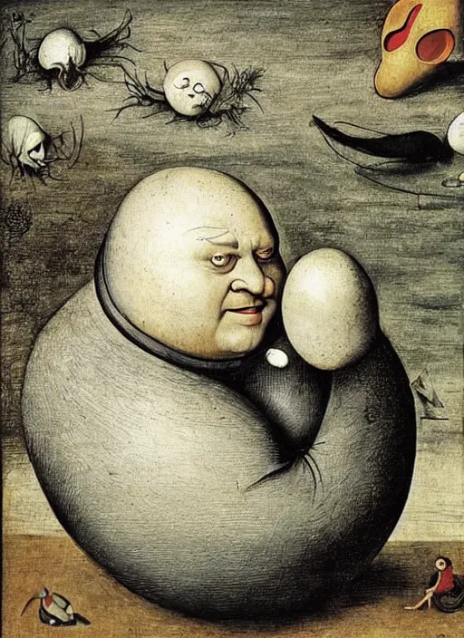 Prompt: an egg, round humpty dumpty with a jack black facial expression, realistic, by hieronymus bosch and pieter brueghel