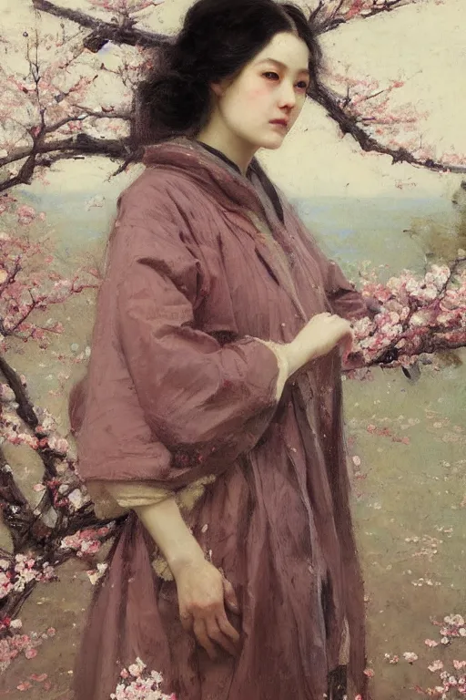 Image similar to Solomon Joseph Solomon and Richard Schmid and Jeremy Lipking victorian genre painting full length portrait painting of a young beautiful woman from japan with cherry blossoms and cherry trees