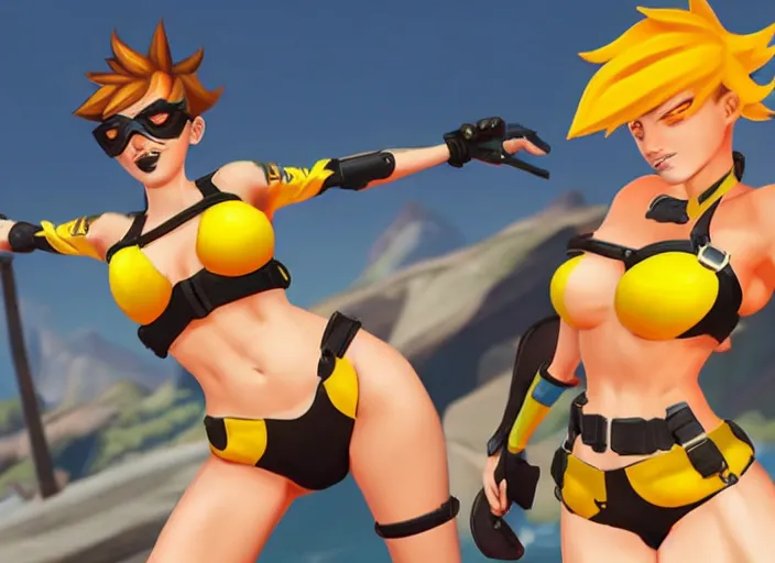 Image similar to tracer game character, in yellow bikini, blonde hair, black eyes, full height