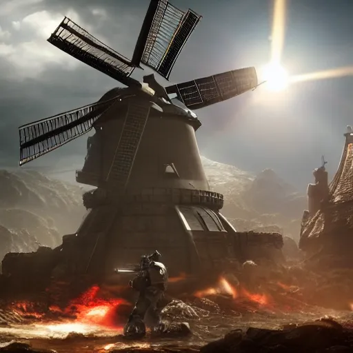 Image similar to gundam as dutch windmill in gears of war, splash art, movie still, cinematic lighting, ray tracing, octane render, long lens, shallow depth of field, bokeh, anamorphic lens flare, 8 k, hyper detailed, 3 5 mm film grain