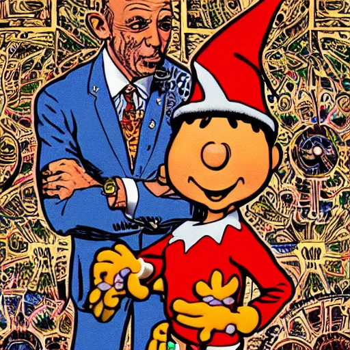 Prompt: Joe Rogan interviewing a psychedelic clock-work Elf, by R. Crumb and Walt Disney