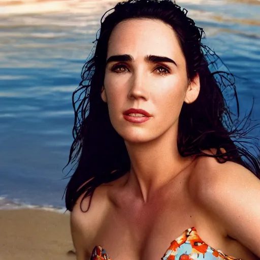 Image similar to Portrait Photography, medium closeup of young jennifer connelly poses in 2 Piece Mini Micro Push Up Swimsuits at summer beach, confident pose, fierce expression, intricate details, detailed face, detailed illustration, impressive lighting, symmetrical features, ultra detailed, 12 megapixels