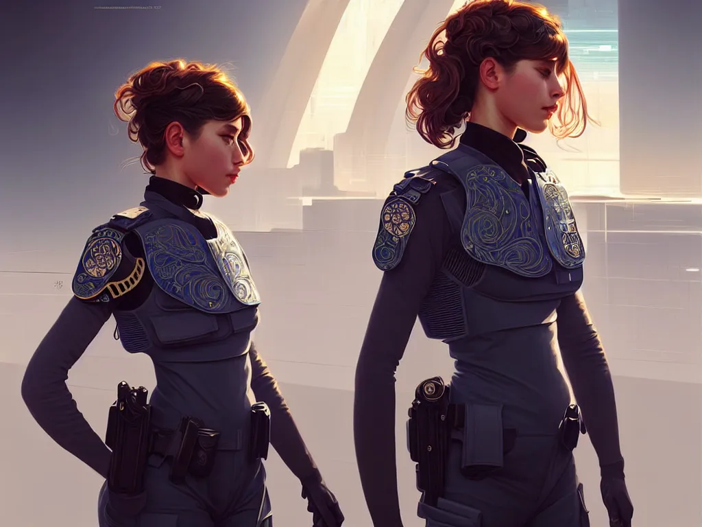 Image similar to portrait futuristic portugal police uniform girl, at future neon light rooftop, ssci - fi and fantasy, intricate and very very beautiful and elegant, highly detailed, digital painting, artstation, concept art, smooth and sharp focus, illustration, art by tan zi and ayanamikodon and alphonse mucha and wlop