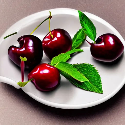 Prompt: Photo realistic three fresh cherries on a table