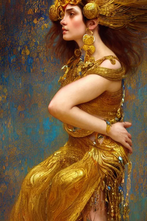 Image similar to an intricate artistic pose painting of a beautiful young goddess with an artistic sensual pose with klimt golden motives and textures, hyper detailed, ornamental gold headpiece, octane render, vivid colors, artstation, by jeremy mann, by alphonse mucha, by boris vallejo