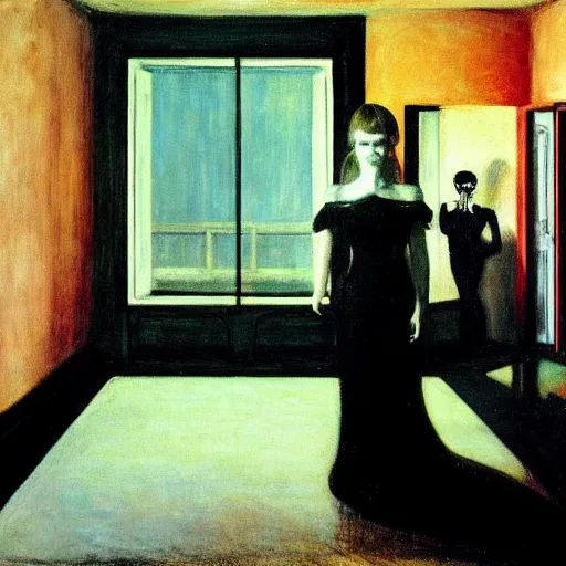 Image similar to a black scary chimera in an haunted liminal hotel abandoned room, hyperrealistic film still by edward hopper, by gottfried helnwein, by klimt, by de chirico, art noveau, highly detailed, strong lights, liminal, eerie, bright pastel colors,