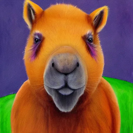 Image similar to painting of a capybara with a purple wig