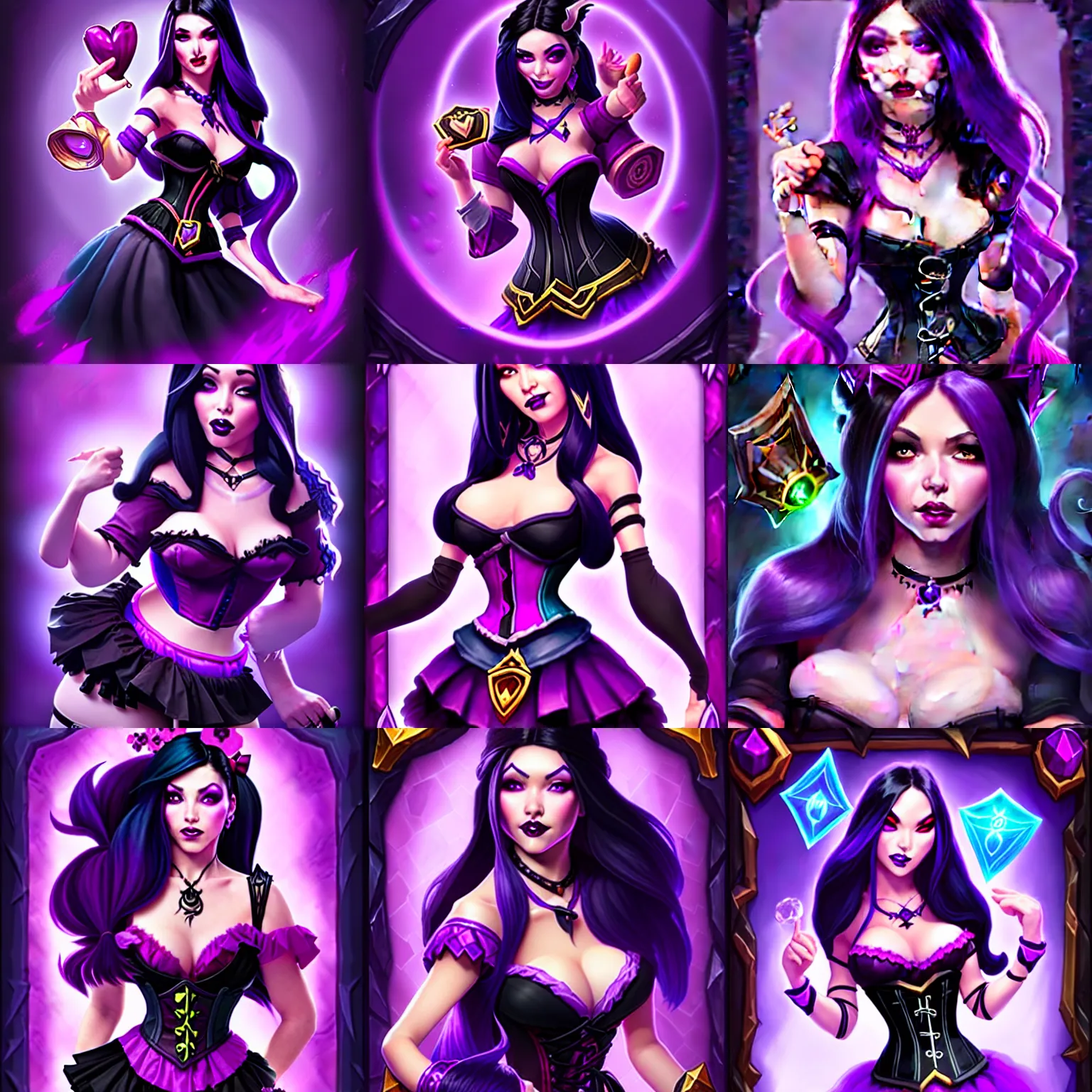 Prompt: a beautiful woman with long black hair, wearing a black corset top and a purple tutu, Hearthstone official splash art