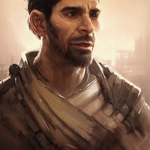 Image similar to portrait of a man by greg rutkowski, a jedi commander, arabian features and olive skin, long black hair, wise appearance, wearing the tactical gear of the galactic alliance, star wars expanded universe, he is about 4 0 years old, highly detailed portrait, digital painting, artstation, concept art, smooth, sharp foccus ilustration, artstation hq