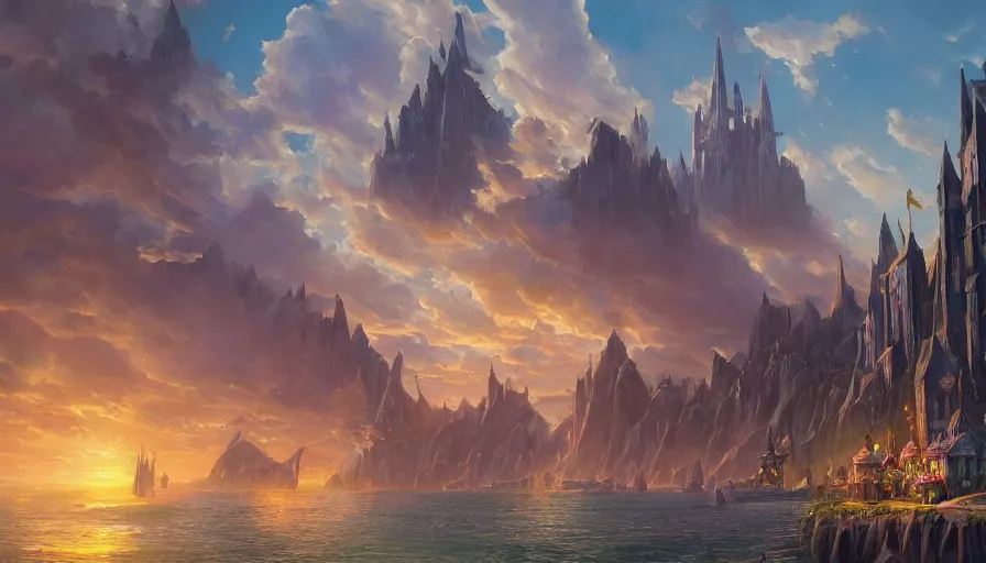 Image similar to a beautiful painting looking across a crystal clear sea at stormwind city from the warcraft movie, by greg rutkowski and kalin popov, trending on artstation, masterpiece,