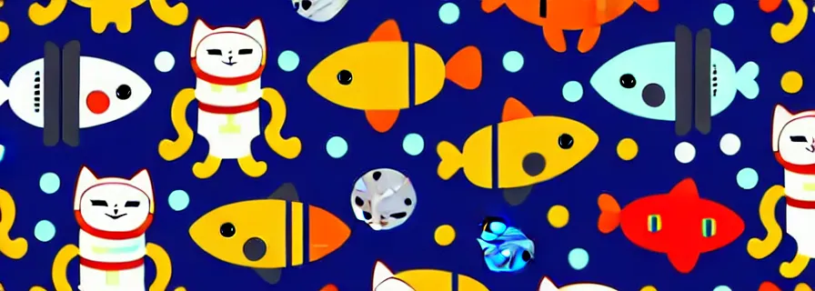 Image similar to pattern with cats in astronaut suits and fish figures, mild colors, black background,