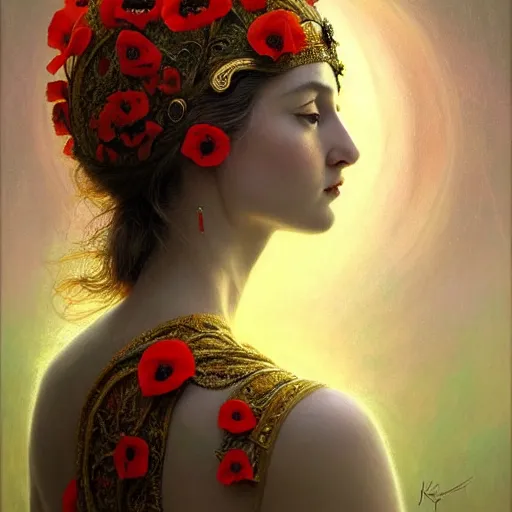 Prompt: portrait of the beautiful young goddess of poppy, surreal, fantasy, intricate, elegant, dramatic lighting, emotionally evoking symbolic metaphor, highly detailed, lifelike, photorealistic, digital painting, painterly, artstation, concept art, smooth, head in focus, sharp focus, illustration, art by John Collier and Krenz Cushart and Artem Demura and Alphonse Mucha and Albert Aublet,