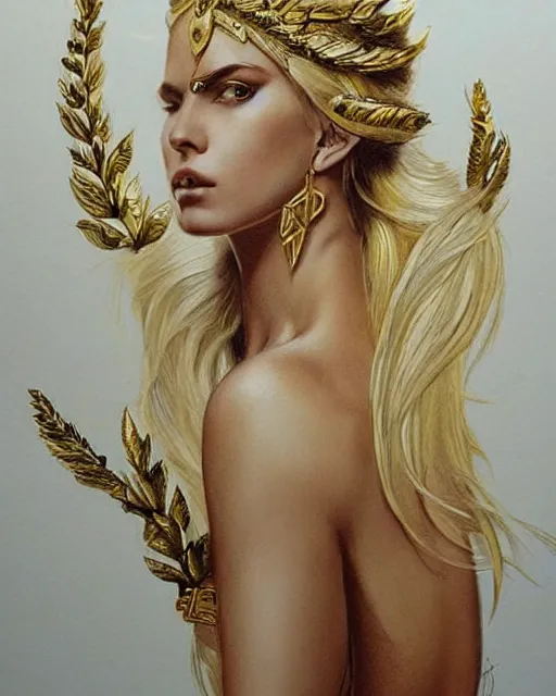 Image similar to tattoo design sketch of hot blonde super model as aphrodite greek goddess wearing a gold laurel wreath and triangle earrings, beautiful piercing gaze with sharp pupils, in the style of greg rutkowski, fantasy, amazing detail, epic, elegant, smooth, sharp focus, front view