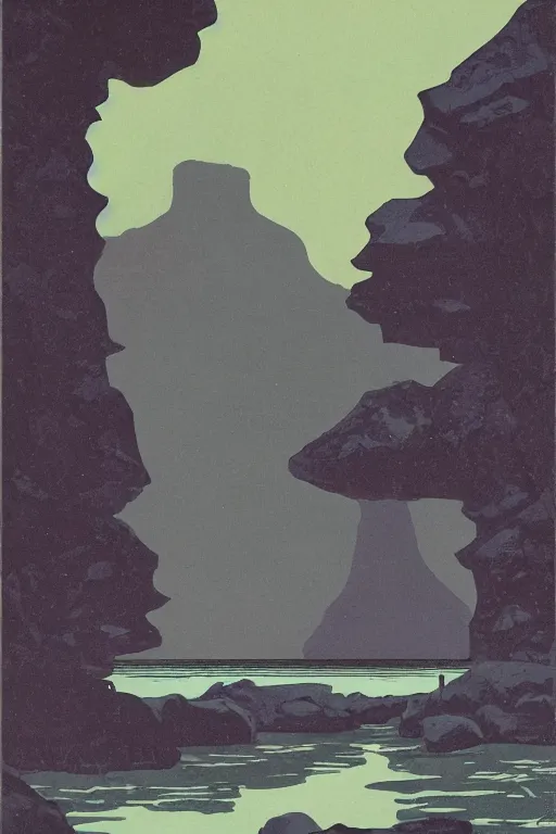 Prompt: a view of water, rocks, trees, and sky by karel thole and mike mignola