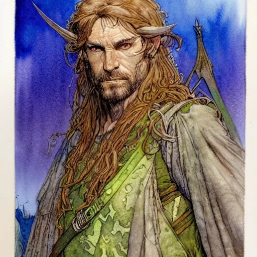 Prompt: a realistic and atmospheric watercolour fantasy character concept art portrait of andy mccoy as a druidic warrior wizard looking at the camera with an intelligent gaze by rebecca guay, michael kaluta, charles vess and jean moebius giraud