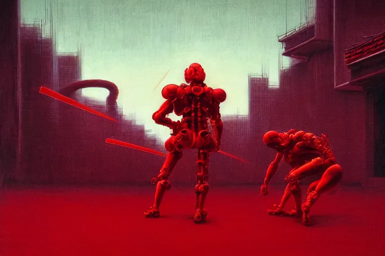 Image similar to only with red, a red cyborg samurai, tokio futuristic in background, some evil yokai fight, in the style of beksinski, parts by edward hopper, parts by rodcenko, parts by yue minjun, intricate and epic composition, red by caravaggio, insanely quality, highly detailed, masterpiece, red light, artstation, 4 k