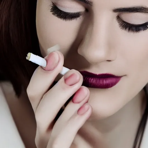 Prompt: Close-up of hyperrealistic female hand holding cigarette with smoke, white background, 4K