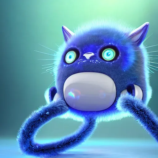 Image similar to ultra-realistic ultra-detailed adorable fluffy bioluminiscent headphones in the style of ghibli kazuo oga, blue and purple fur, big ears, beautiful light big eyes, underwater landscape, DOF, soft lighting, unreal engine render