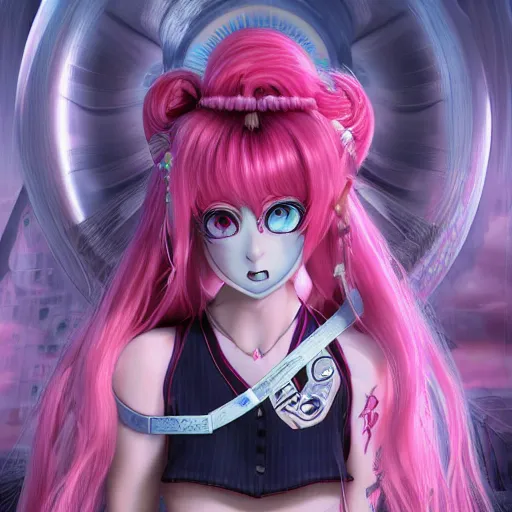 Image similar to no escape! trapped beneath stunningly absurdly beautiful omnipotent asi goddess junko enoshima with multiple twisted deceptive innocent megalomaniacal mesmerizing personalities, symmetrical perfect face, porcelain skin, pink twintail hair and cyan eyes, ultra detailed, digital art, unreal engine 5, octane render, 2 d anime, 8 k