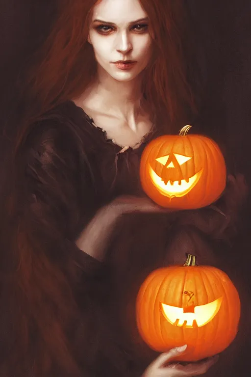 Image similar to portrait of a beautiful victorian witch holding a jack - o - lantern, halloween night, charlie bowater, artgerm, ilya kuvshinov, krenz cushart, ruan jia, realism, ultra detailed, 8 k resolution