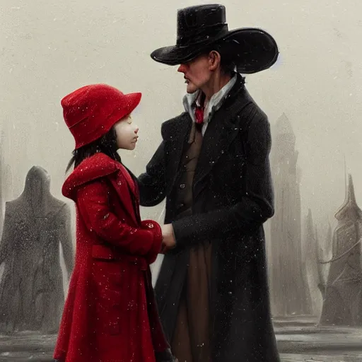 Prompt: a highly detailed epic cinematic concept art, a thin man in a black coat and bowler hat talks with small young girl who is dressed in a red coat and a red hat, park, autumn, high detail, in style of Greg Rutkowski, width 768