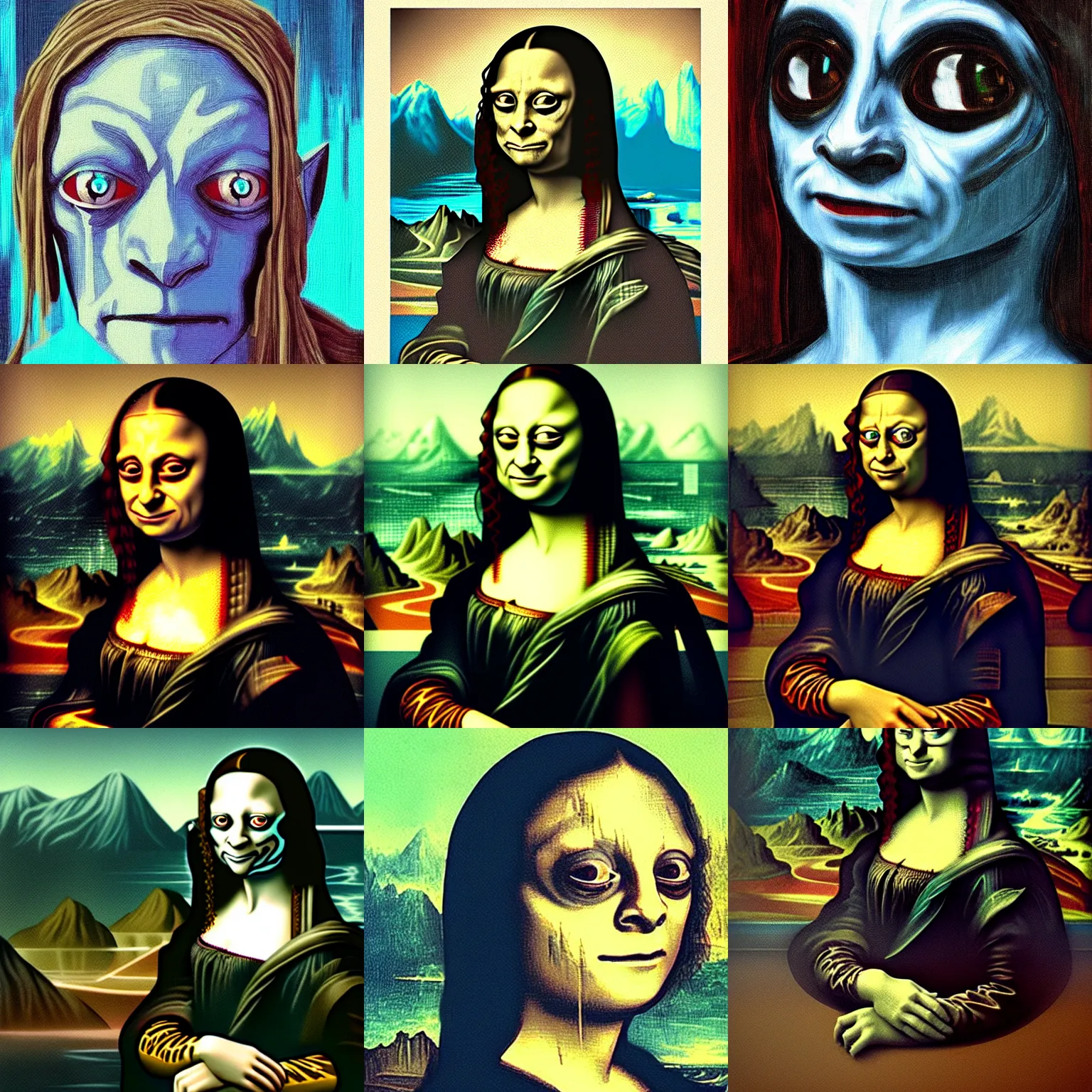 Prompt: gollum cyberpunk style in mona lisa paint