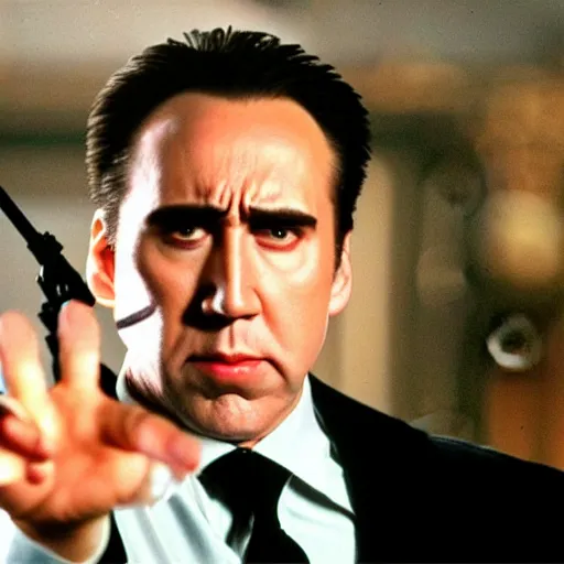 Image similar to nicholas cage as neo from matrix, dodging bullets