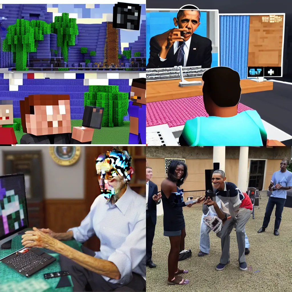 Prompt: obama livestreaming minecraft