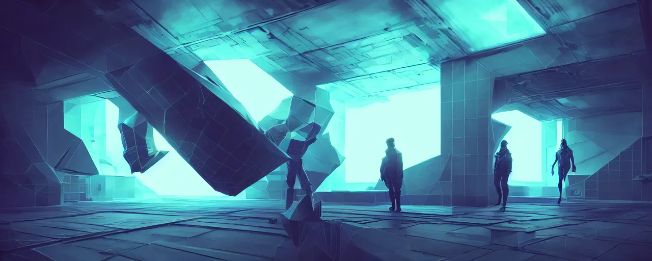 Image similar to duotone noir scifi concept illustration of 3 d mesh of lowpoly inside box floating zero gravity glowing 3 d mesh portals futuristic, glowing eyes, octane render, surreal atmosphere, volumetric lighting. accidental renaissance. by sachin teng and sergey kolesov and ruan jia and heng z. graffiti art, scifi, fantasy, hyper detailed. trending on artstation