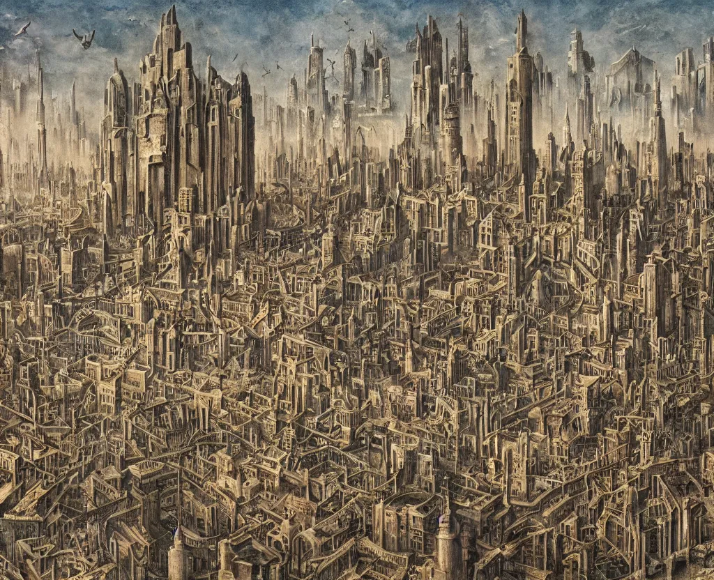 Image similar to a city of archologies in the style of Dystopian gothic surrealism painting