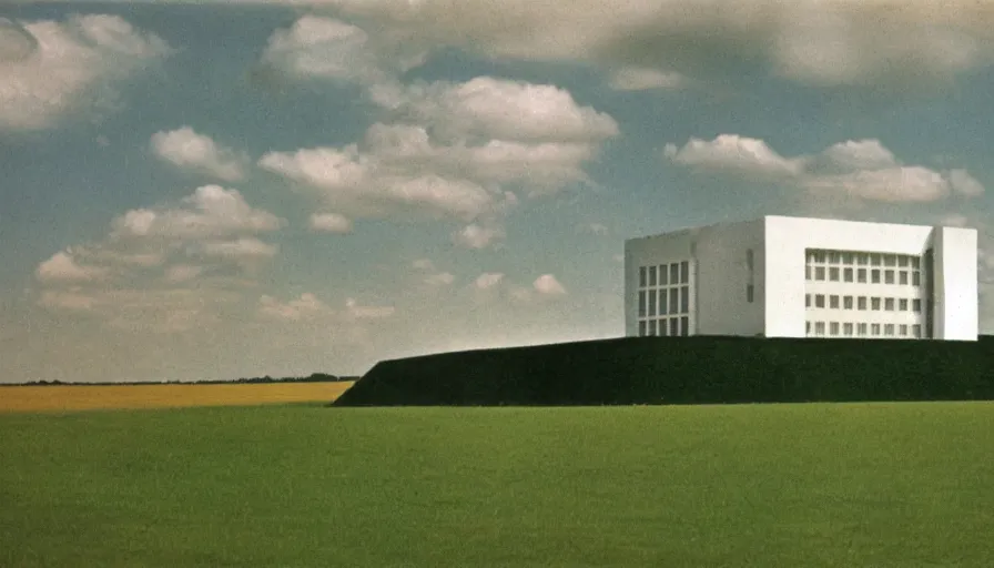 Prompt: a large white building sitting on top of a lush green field, an art deco sculpture by Bauhaus, cg society, bauhaus, panorama, art deco, 1970s