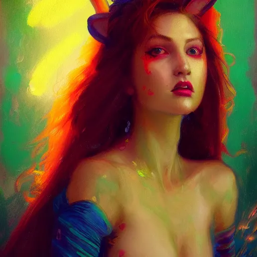 Prompt: painted close - up portrait of a neon sensual bunny girl. oil painting, wearing neon attire, fantasy art by greg rutkowski and john singer sargent and gaston bussiere, demon noble character design