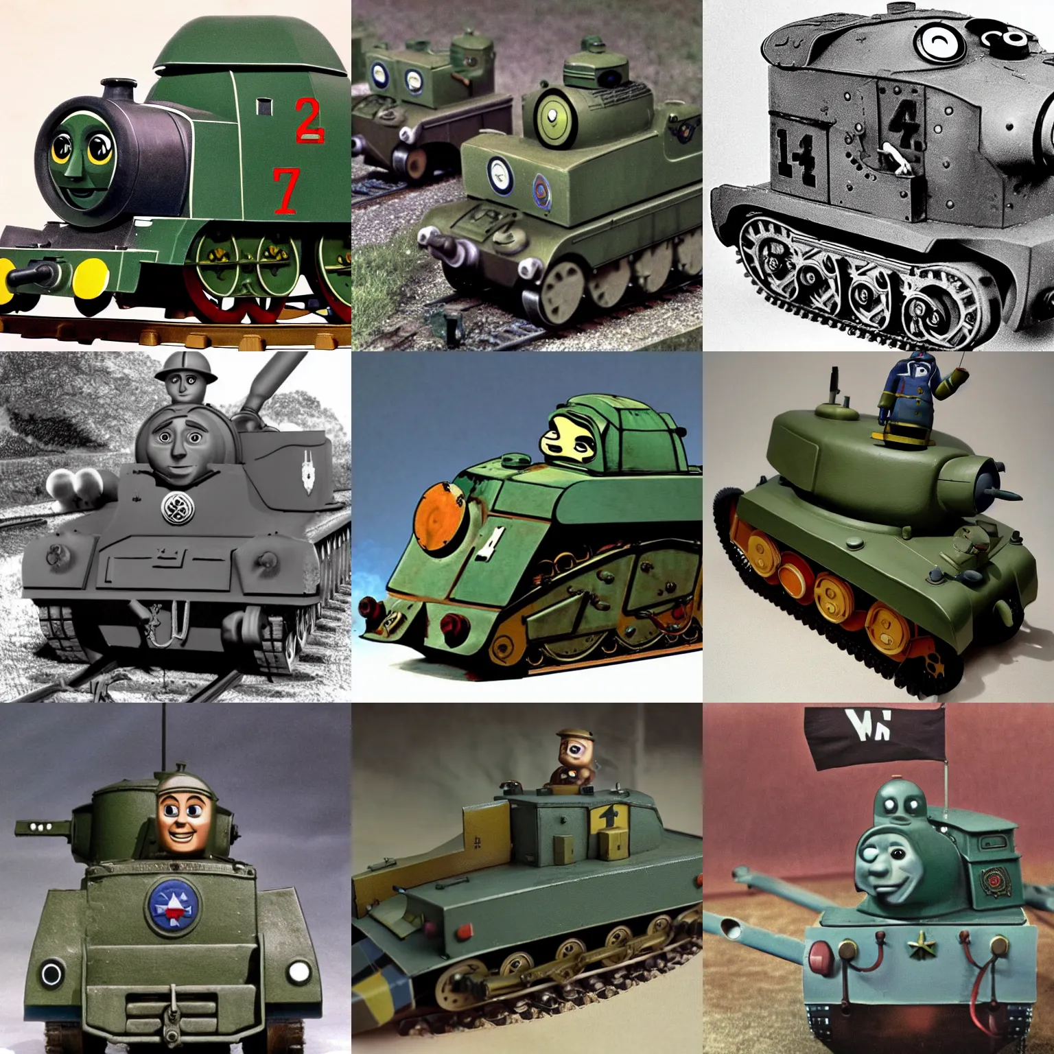 Image similar to an anthropomorphised panzer world war two tank with a face, by wilbert awdry in the art style of thomas the tank engine