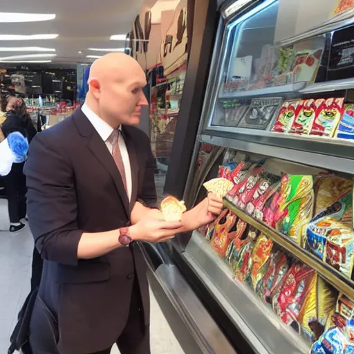 Image similar to photo of Agent 47 buying ice cream, realistic face, detailed face