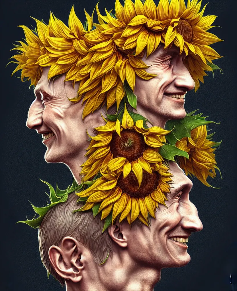 Image similar to digital art, centered full body of young any old Putin smiling king, Sunflower crown, ,intricate, veins, by James Jean and by artgerm , by ross tran ultradetailed, charachter design, concept art, trending on artstation,