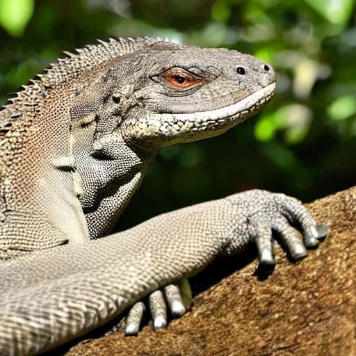 Prompt: Komodo dragon and falcon hybrid animal