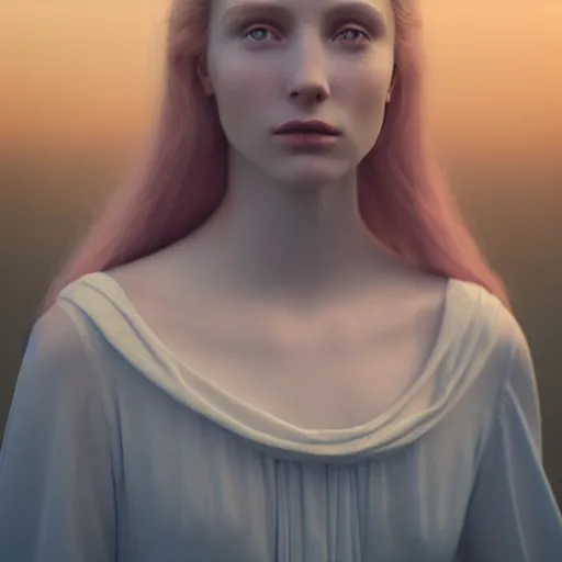 Prompt: photographic portrait of a stunningly beautiful english virgin renaissance female in soft dreamy light at sunset, beside the river, soft focus, contemporary fashion shoot, in a denis villeneuve and tim burton movie, by edward robert hughes, annie leibovitz and steve mccurry, david lazar, jimmy nelsson, extremely detailed, breathtaking, hyperrealistic, perfect face, octane render