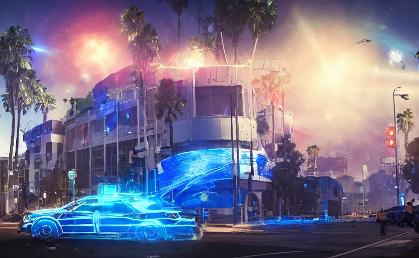 Image similar to people with posters attacking cops, a huge blue spiral - shaped white luminous attractor is floating on the horizon near the sun, stores in los angeles with light screens all over the street, concept art, art for the game, professional lighting, dark night lighting from streetlights