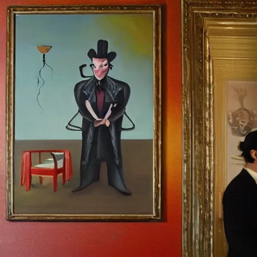 Prompt: on the wall is an oil painting of a roomba, with a cocktail on top of it. In front of the painting Dracula stands observing the painting