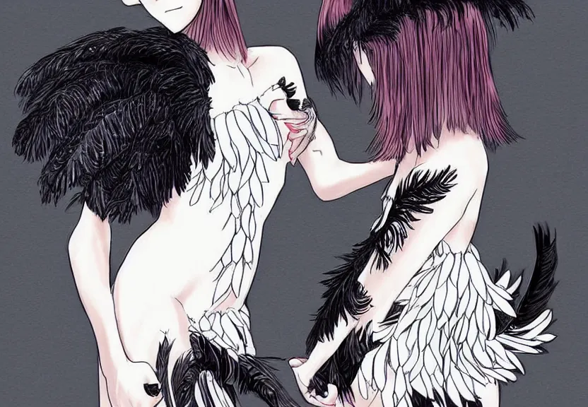 Image similar to little girl with a short white haircut wearing a dress made of black feathers, artwork in the anime style, dark, anatomically perfect